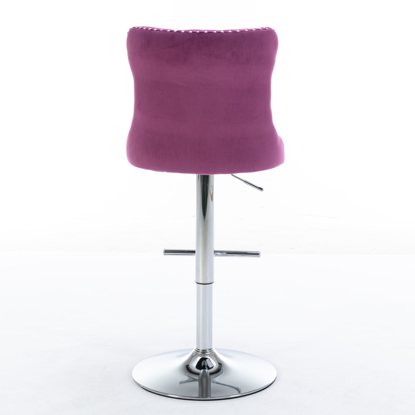 Adjustable purple velvet bar stool with silver studding and chrome base