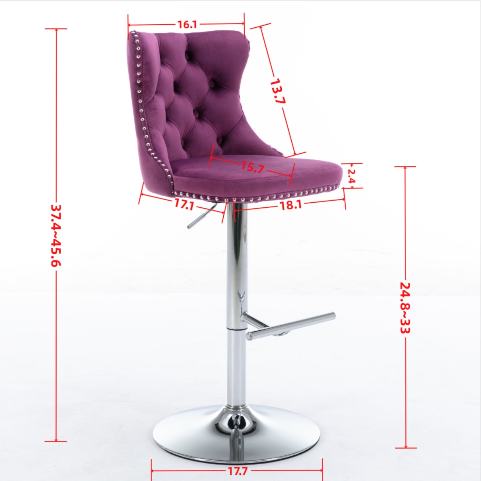 Purple velvet tufted bar stool with silver nailhead trim and chrome base