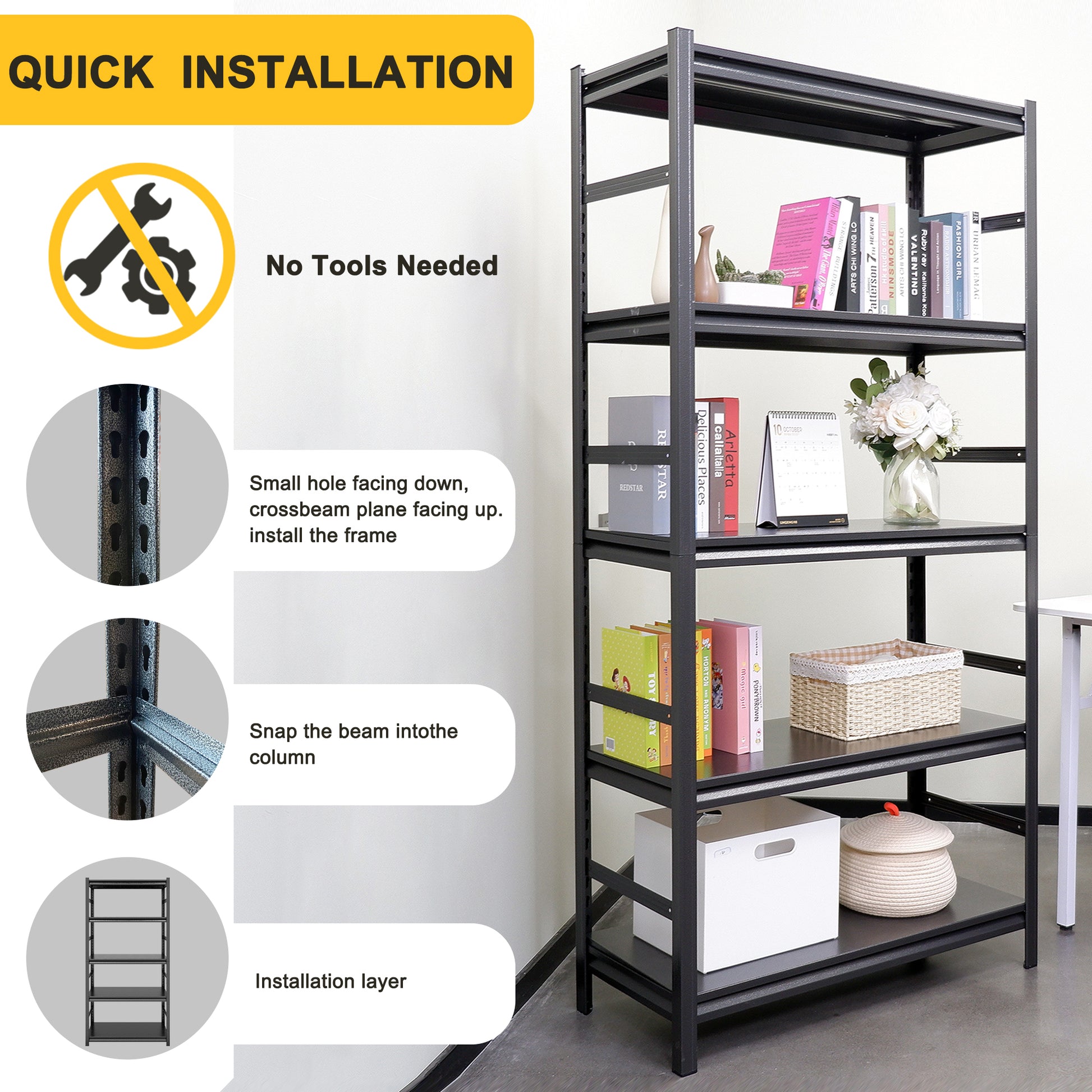 Black tier metal shelving unit with books and storage baskets