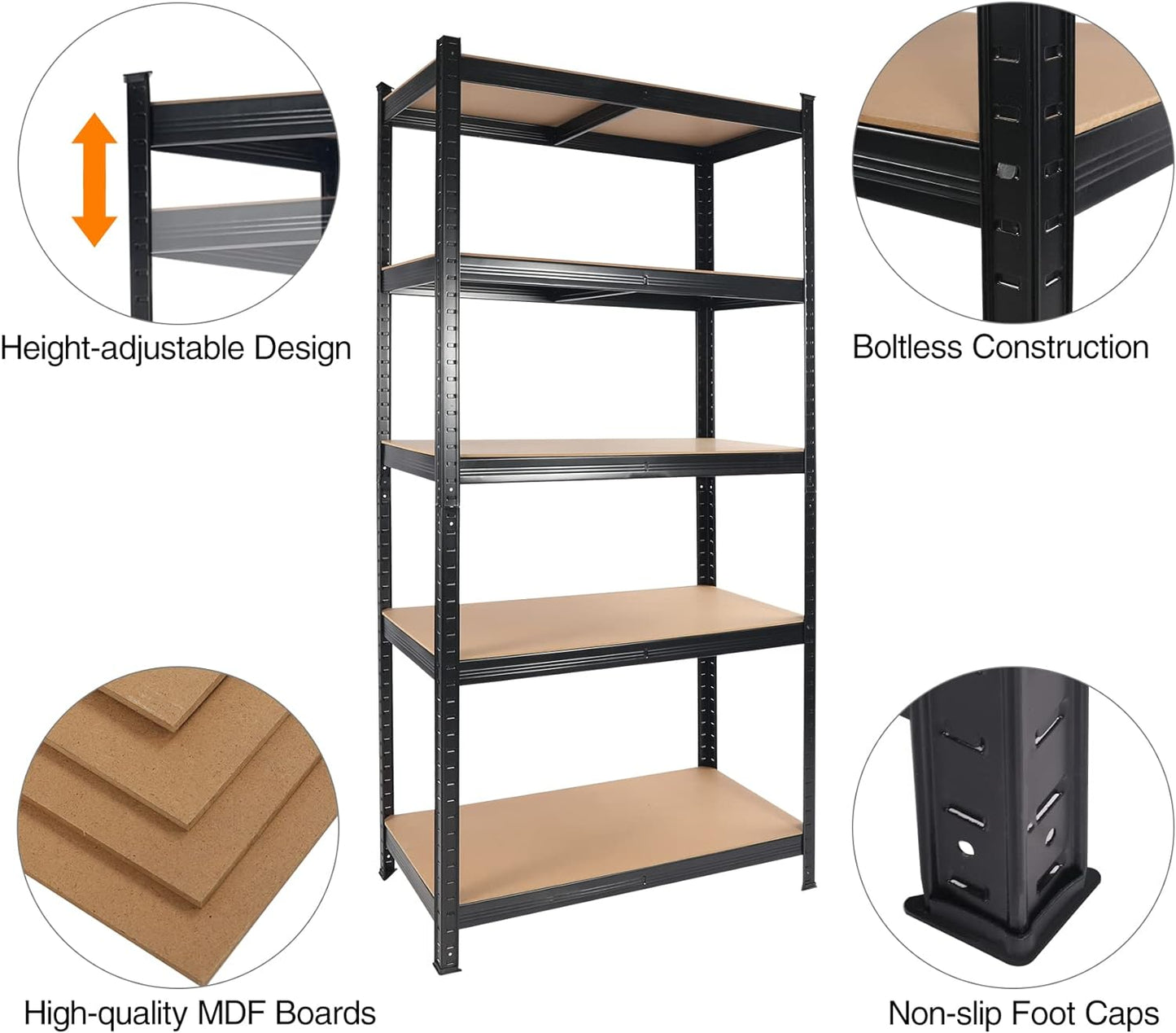 Black metal tier shelving unit with beige MDF boards
