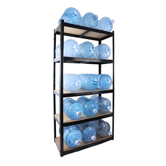 Black metal shelving unit with  tiers holding clear gallon water jugs