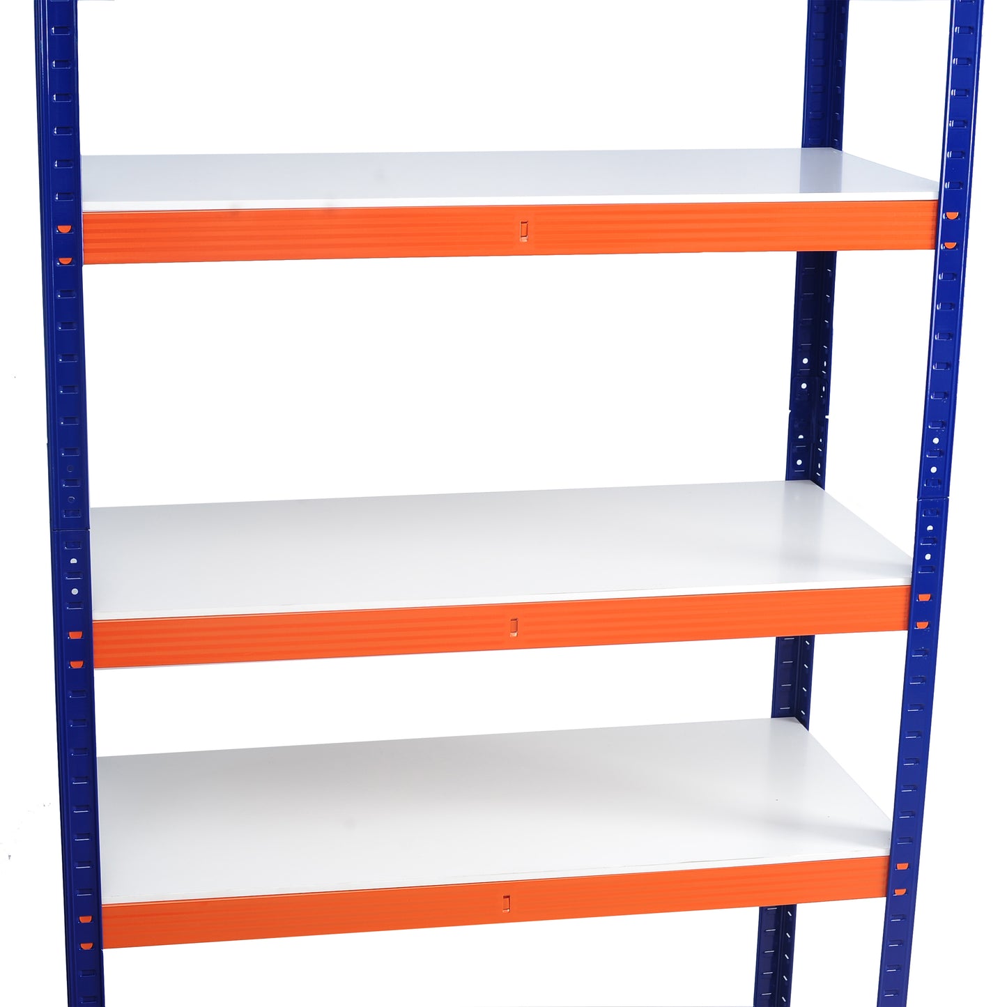 Blue metal shelving unit with orange beams and white shelves