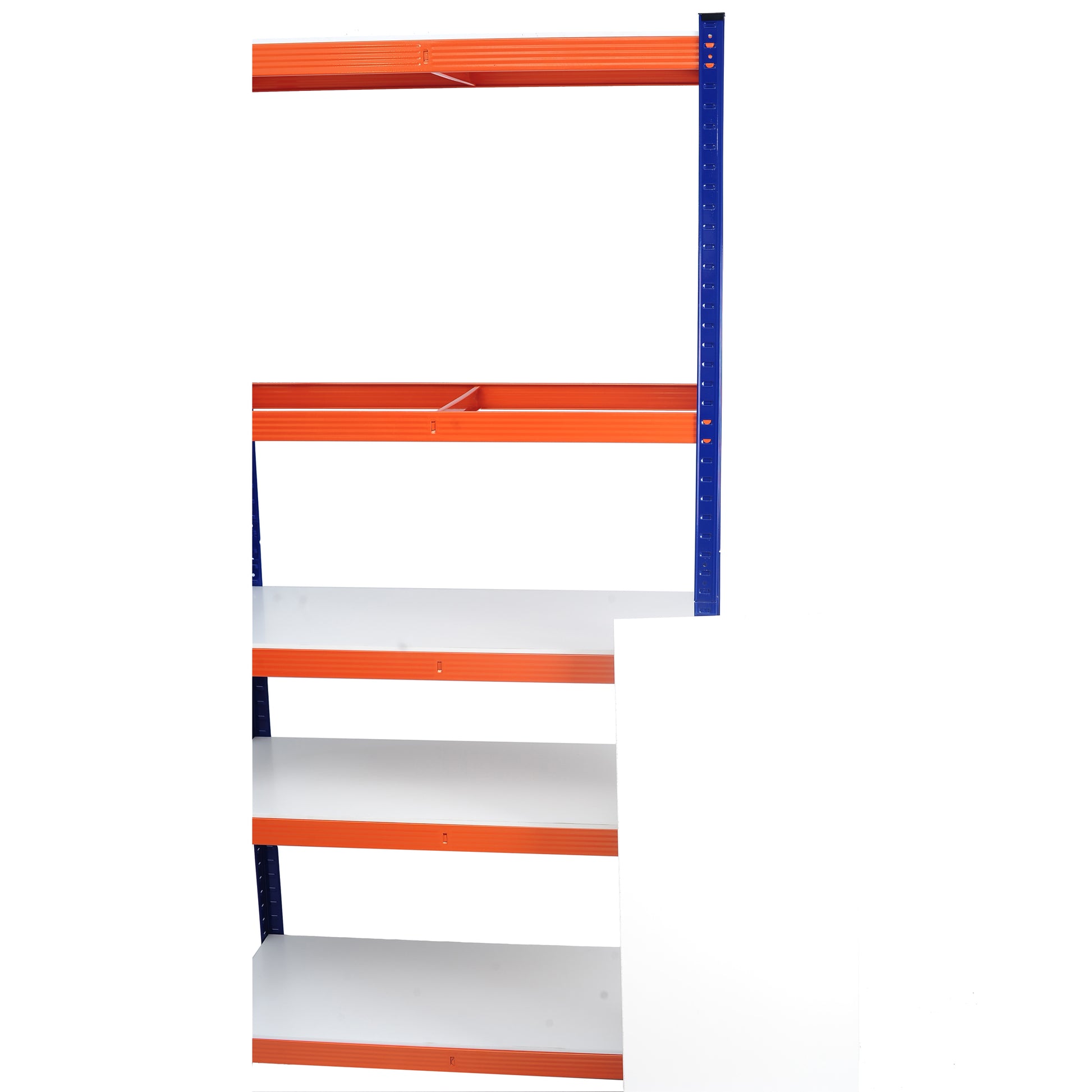Orange and blue metal shelving unit with white shelves