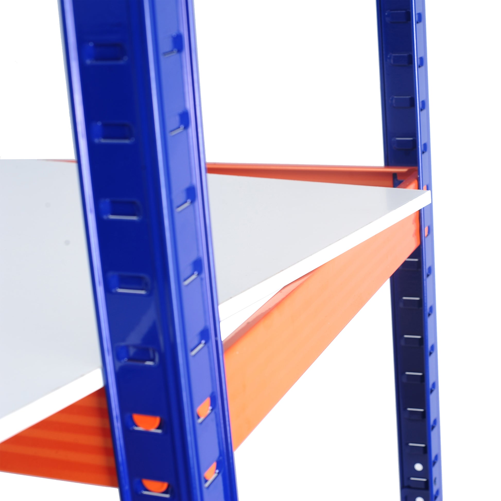 Blue metal shelving unit with orange supports and a white shelf