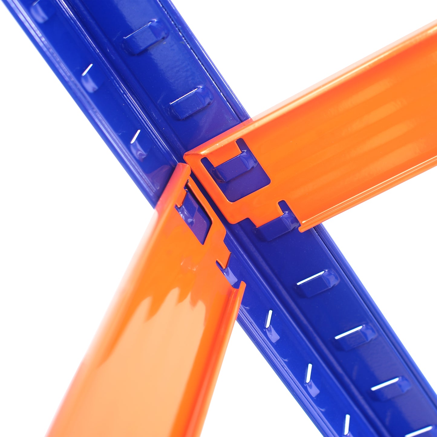 Bright orange shelf bracket interlocking with a blue shelving unit beam