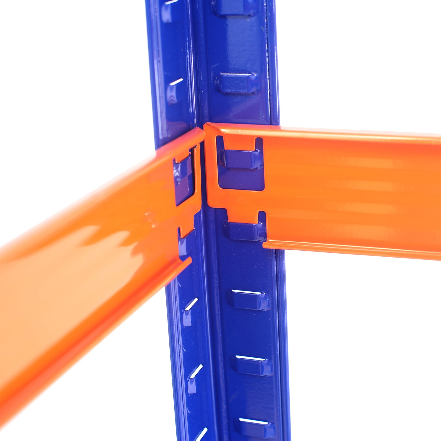 Closeup of blue metal upright with orange shelving bracket