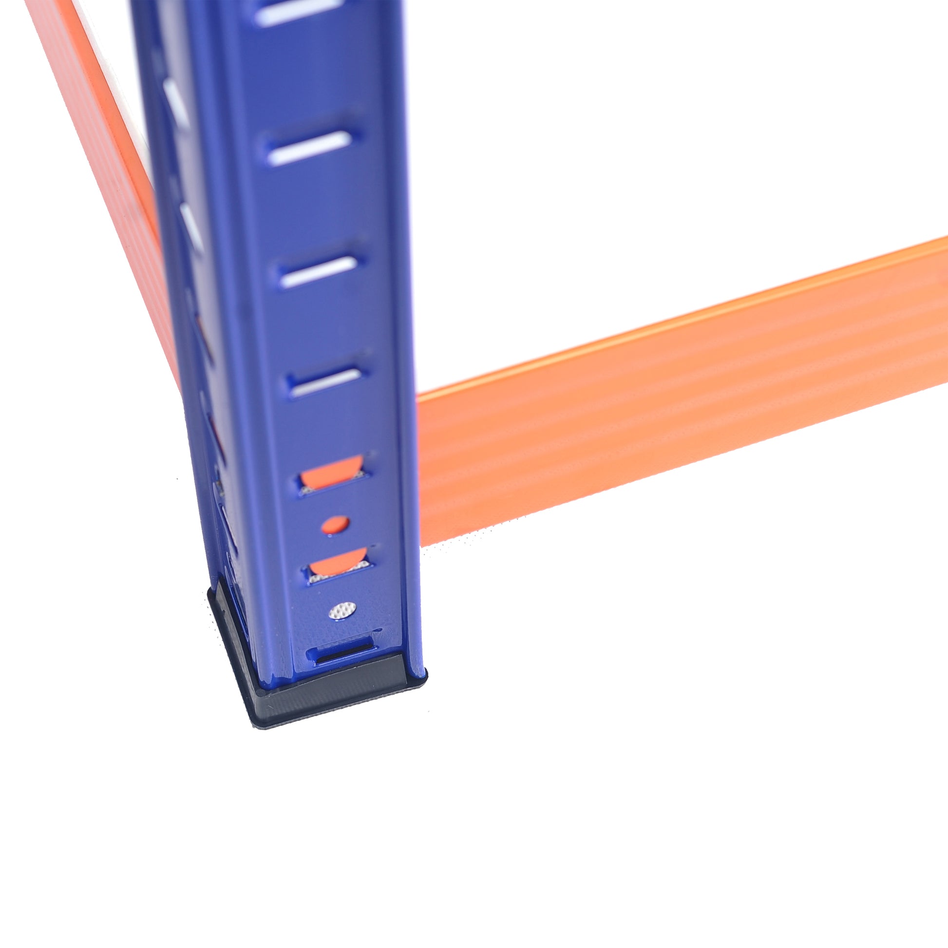Blue metal shelving unit corner with orange particle board shelf