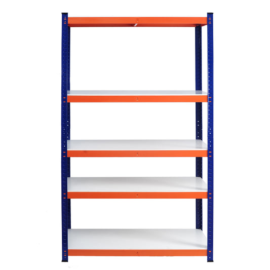 Blue and orange metal garage shelving unit with five white shelves ideal for storage
