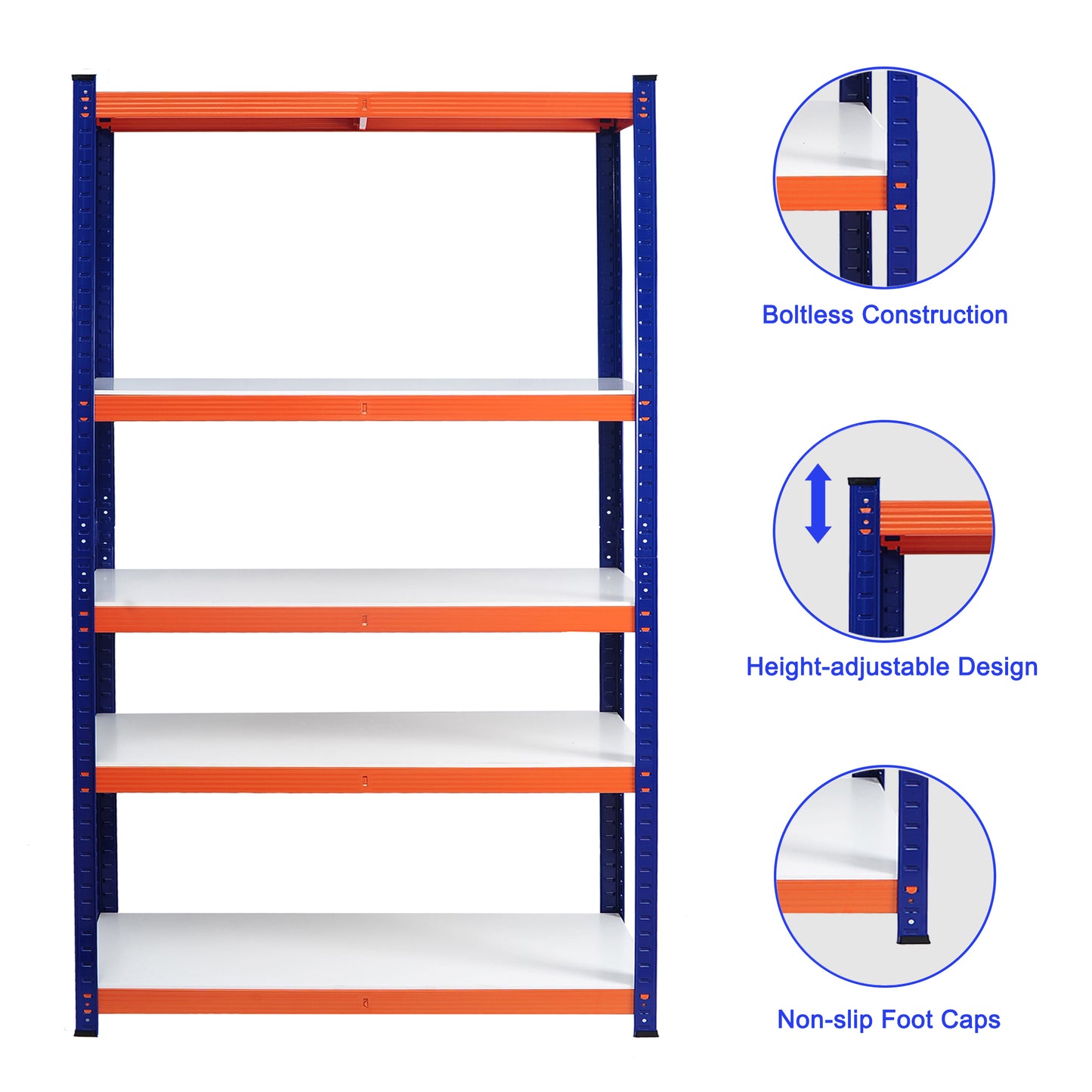 Blue and orange metal shelving unit with five white shelves