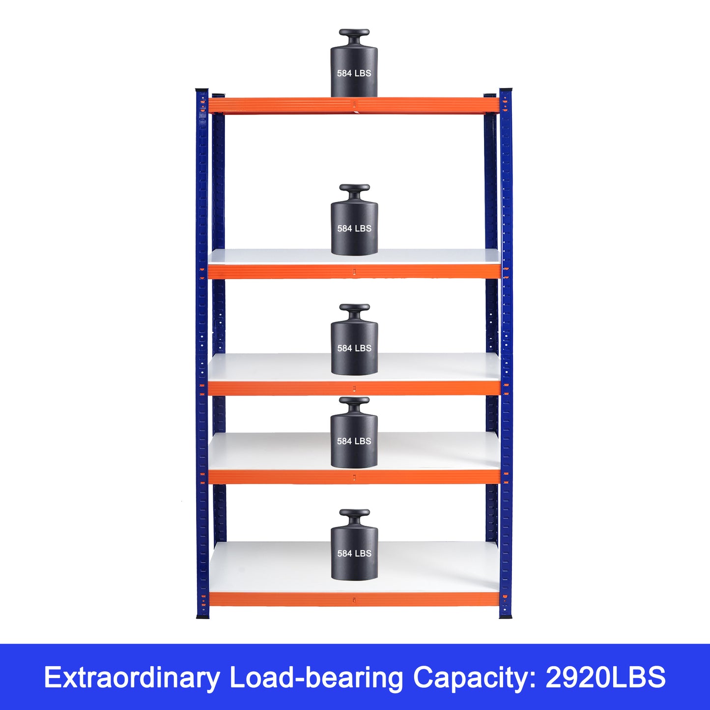 Blue metal shelving unit with orange shelves and five weights