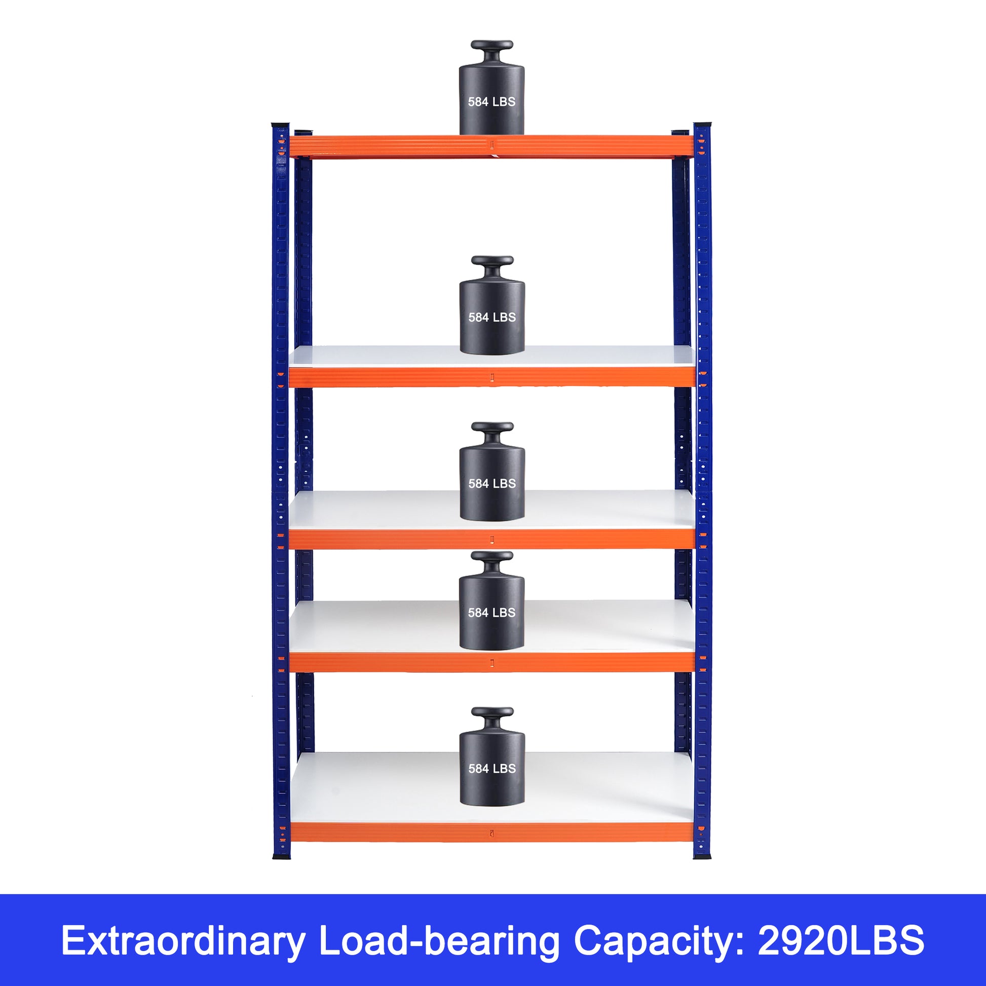 Blue metal shelving unit with orange shelves and five weights