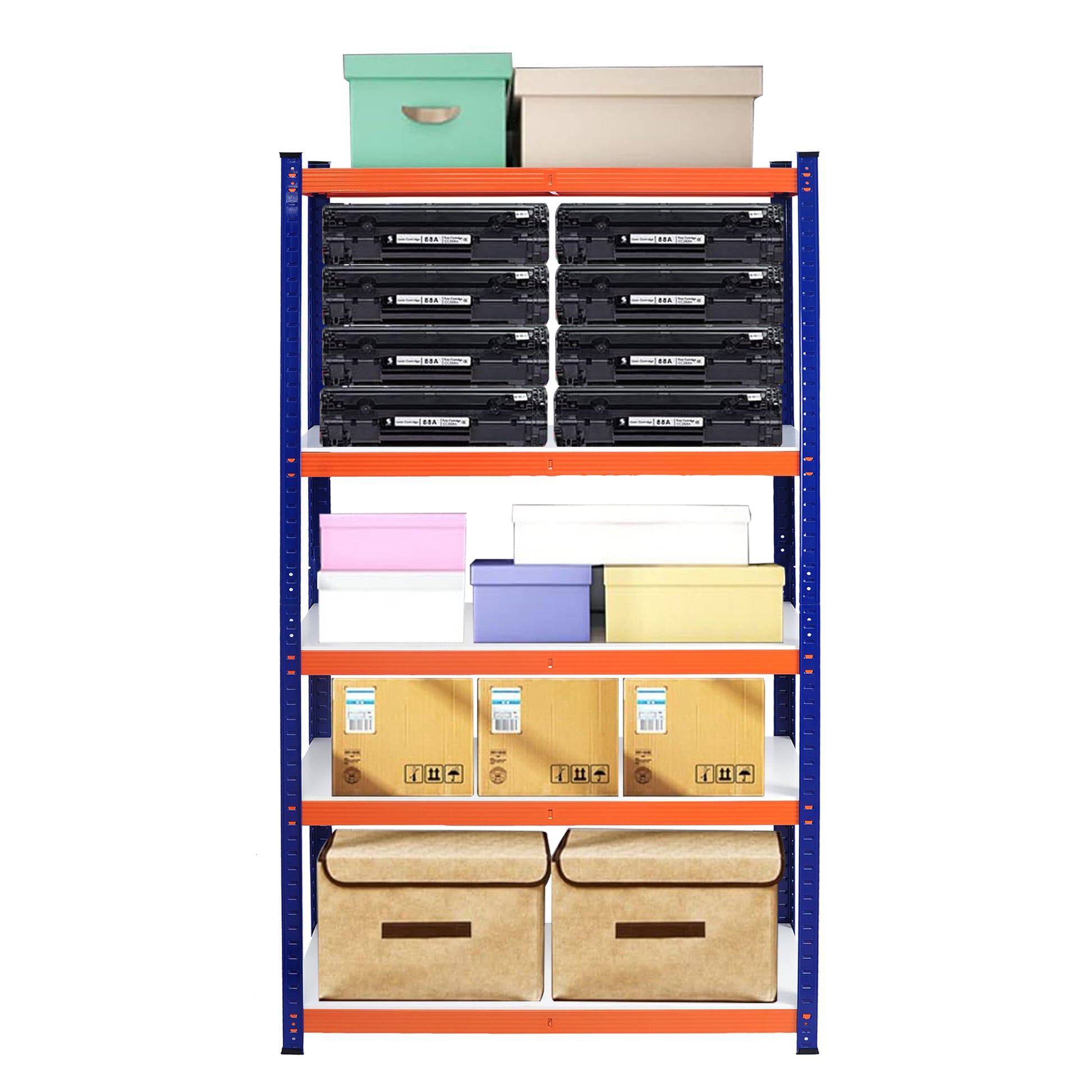 Green and beige storage boxes on top shelf of blue metal rack