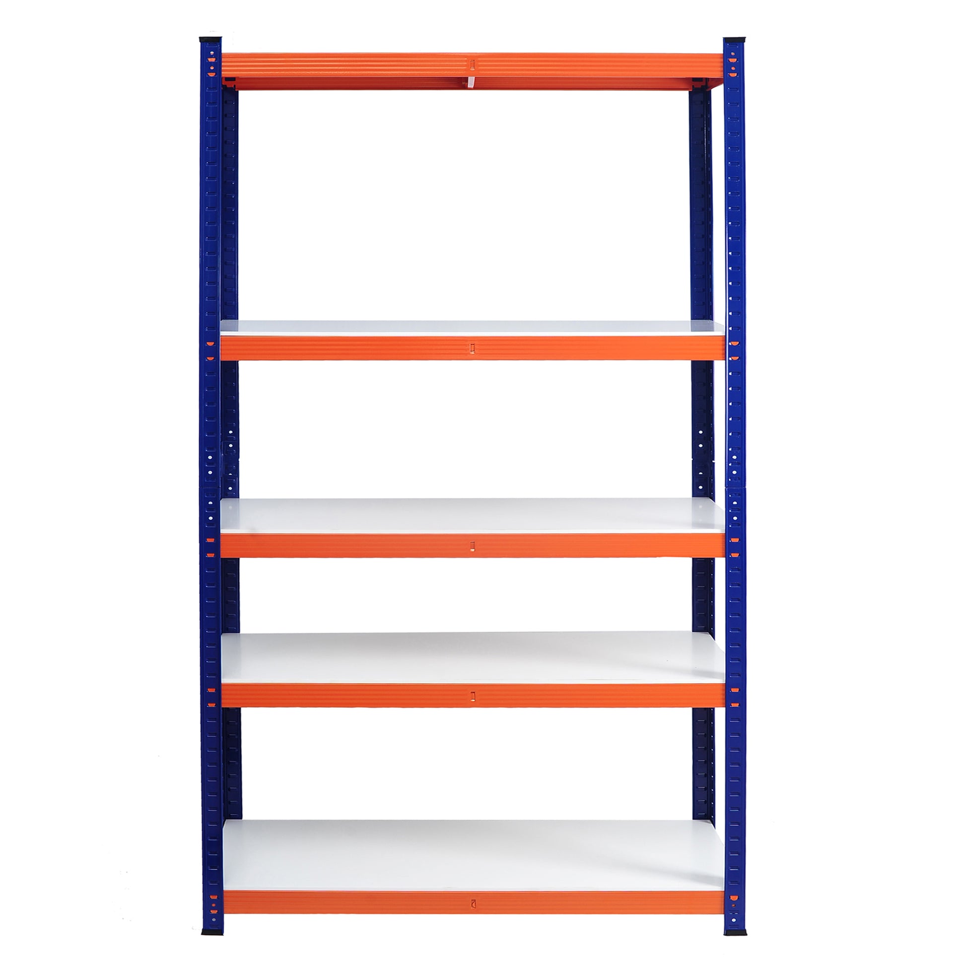 Blue and orange fivetier heavyduty shelving unit for garage storage