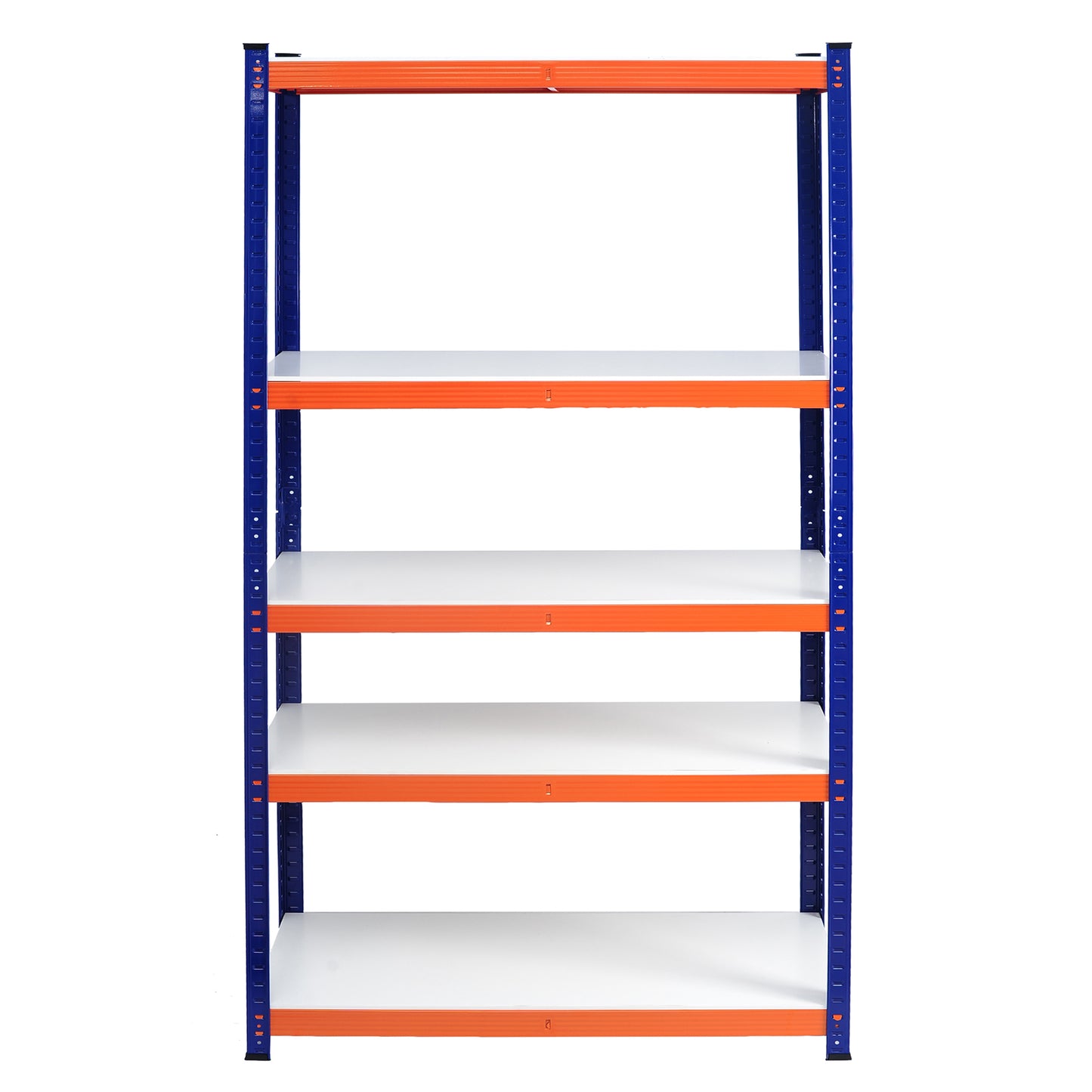 Blue metal shelving unit with five orangeedged white shelves