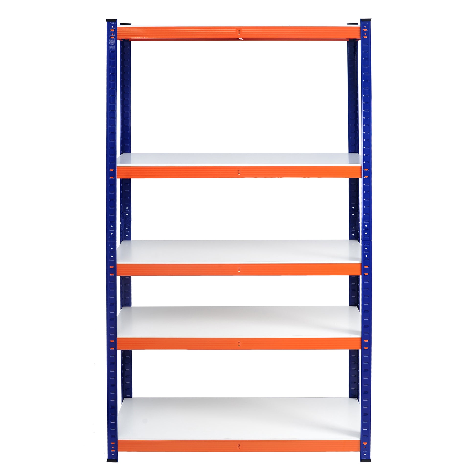 Blue metal shelving unit with five orangeedged white shelves