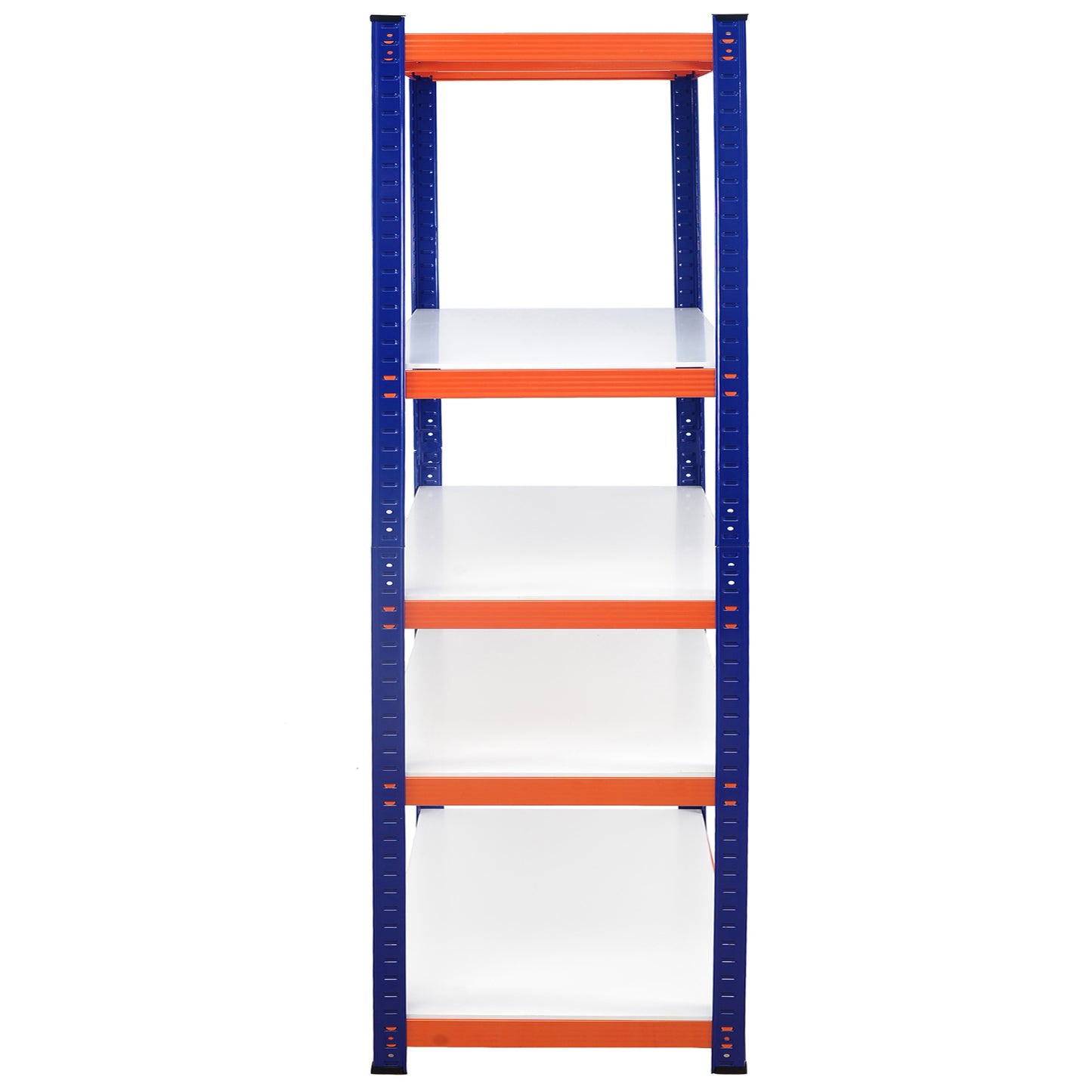 Heavyduty blue and orange metal shelving unit with five white shelves