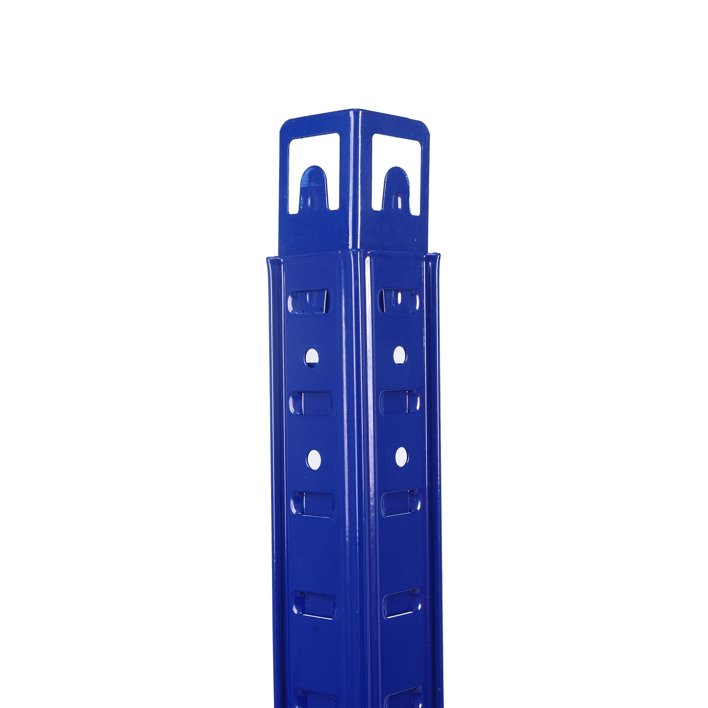 Blue metal shelf upright with punched holes for adjustability