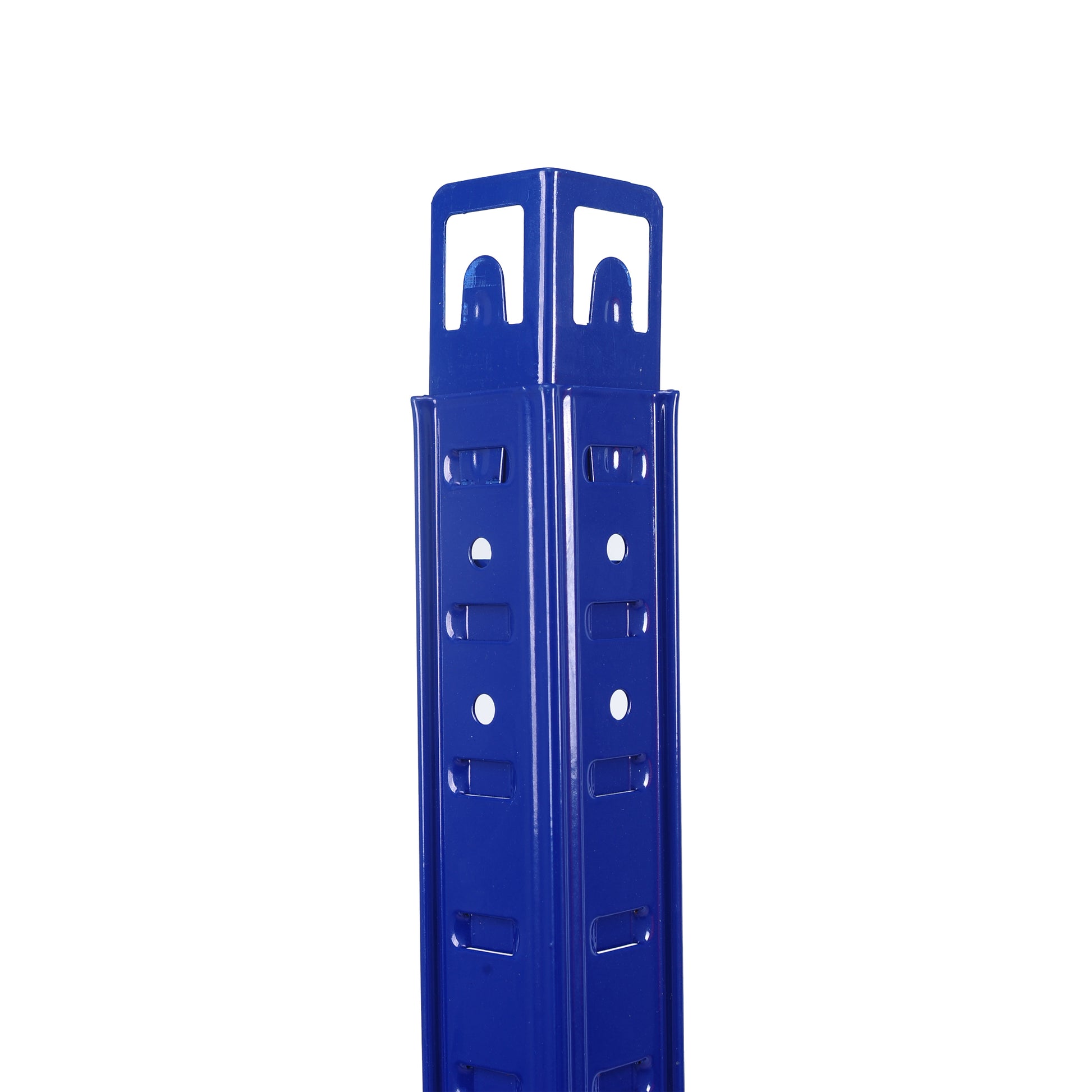 Blue metal shelf upright with punched holes for adjustability
