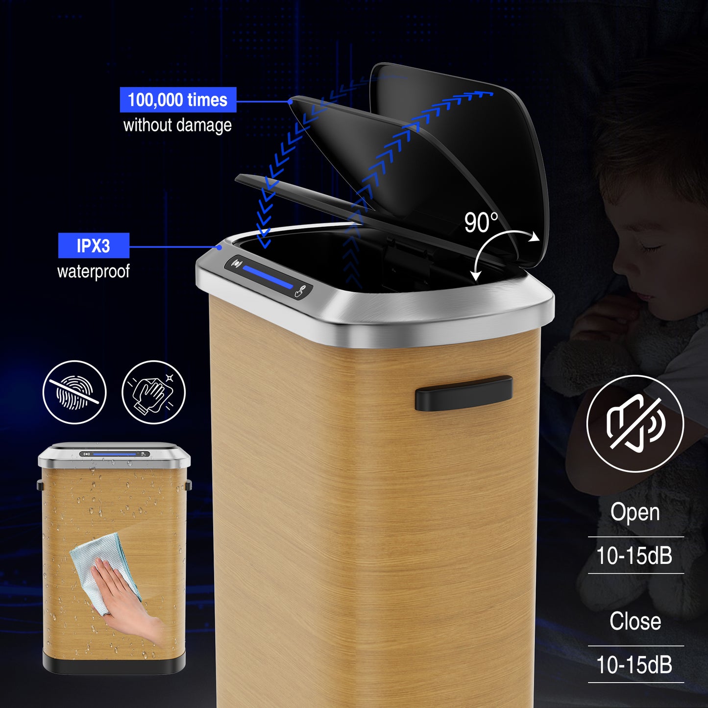 Touchless trash can with automatic lid opening to  degrees
