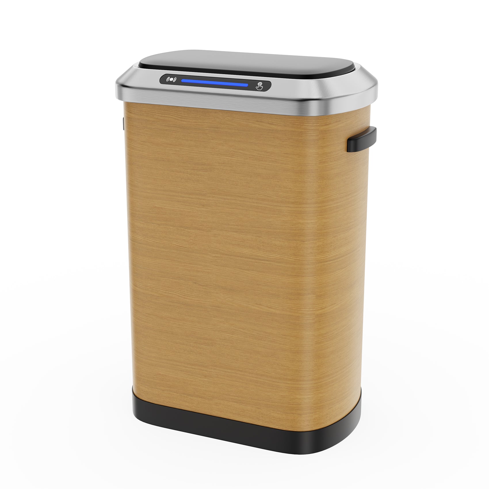 Smart kitchen trash can with wood grain finish and stainless steel lid