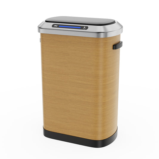 Smart kitchen trash can with wood grain finish and stainless steel lid