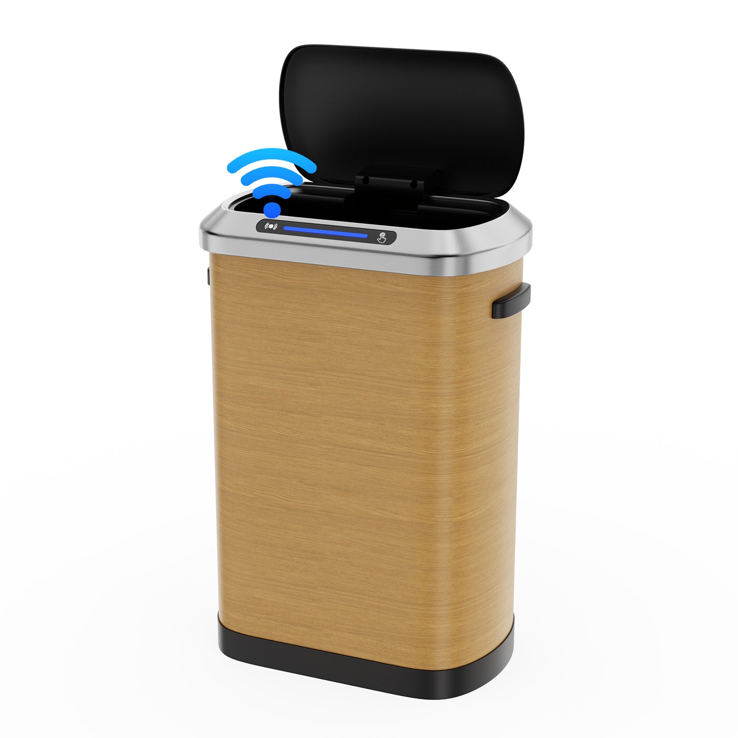 Wooden automatic trash can with stainless steel rim and WiFi indicator