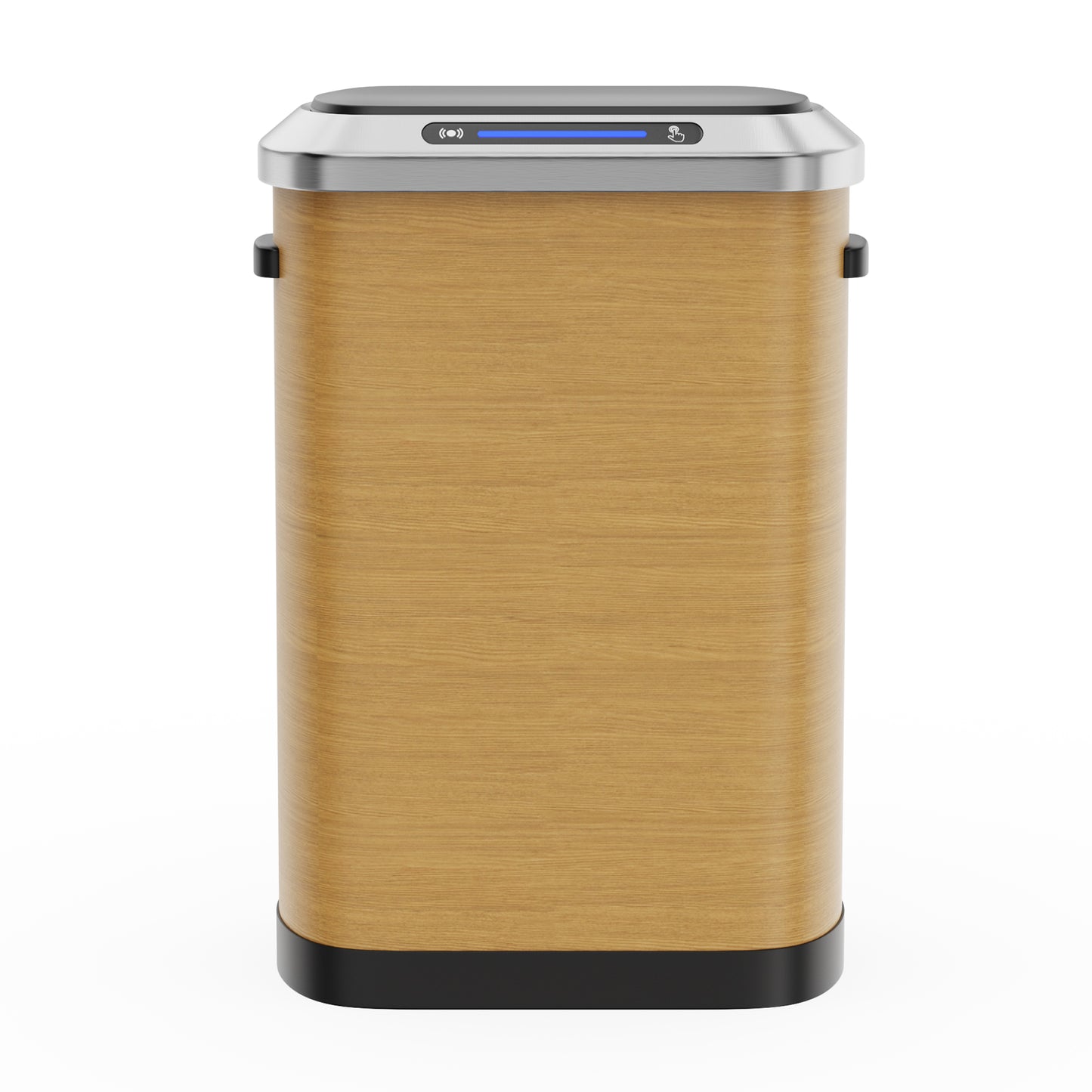 Smart kitchen trash can with wood grain finish and stainless steel trim