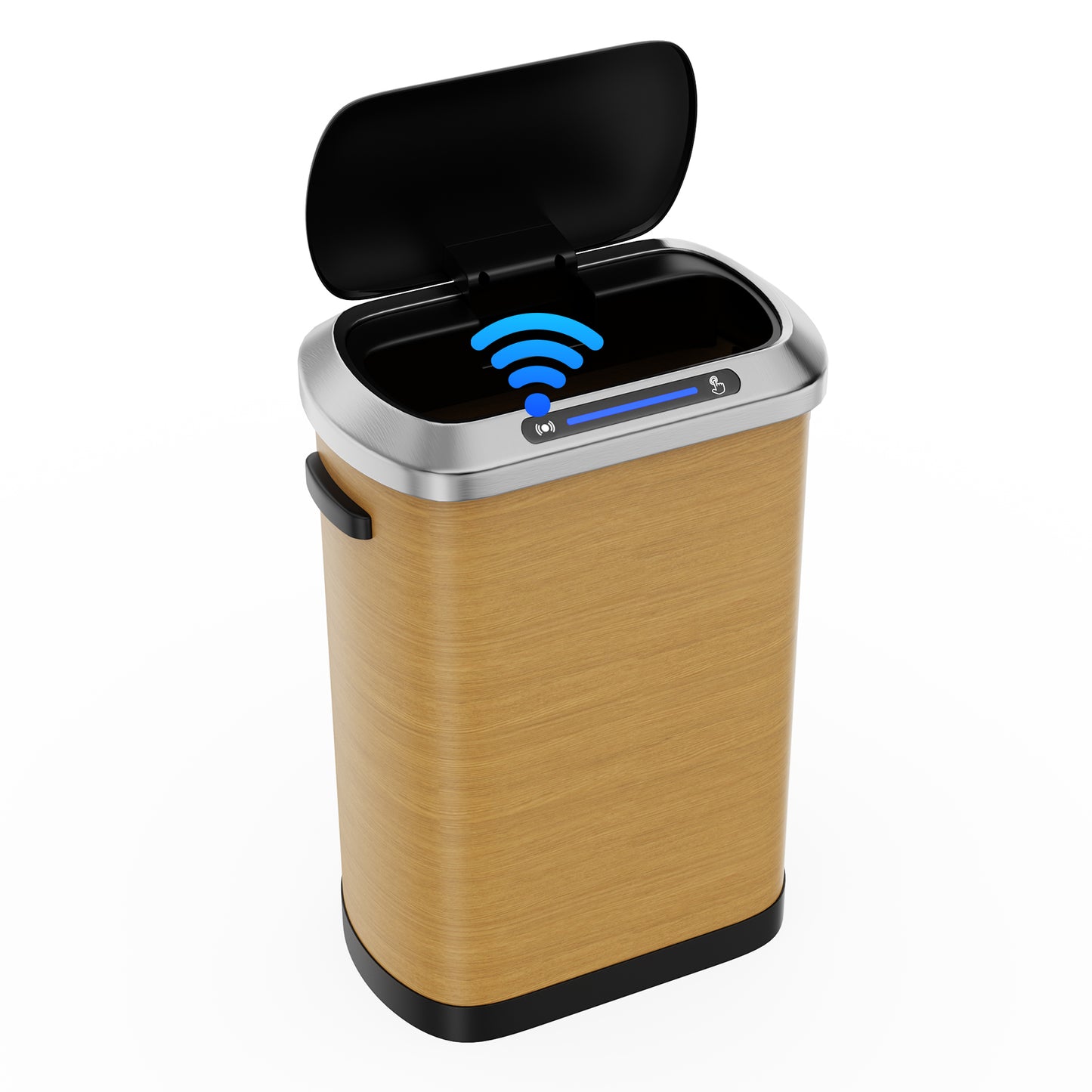 Smart trash can with automatic lid and woodgrain finish