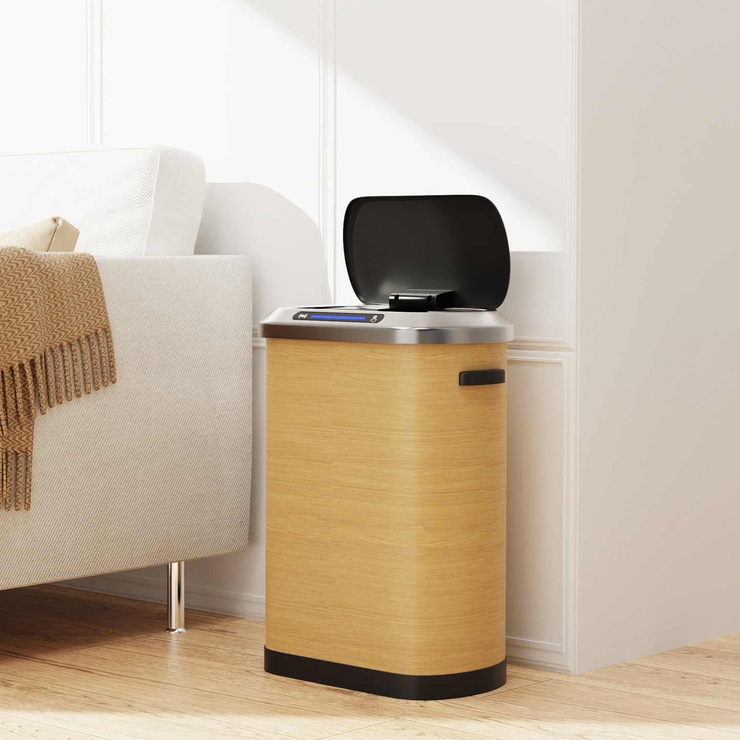 Sensored automatic trash can with a woodgrain finish and stainless steel lid