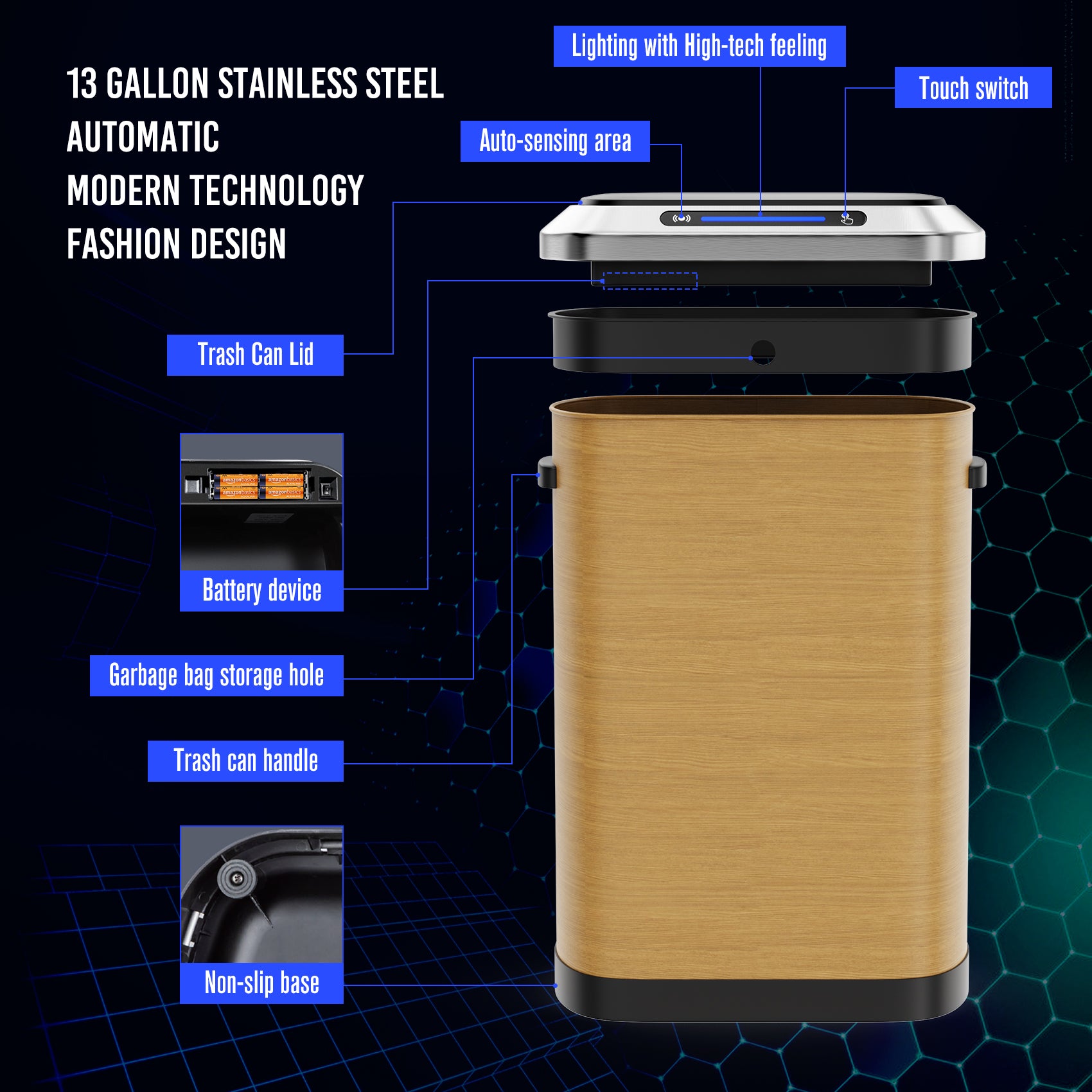 gallon stainless steel automatic trash can with woodgrain finish
