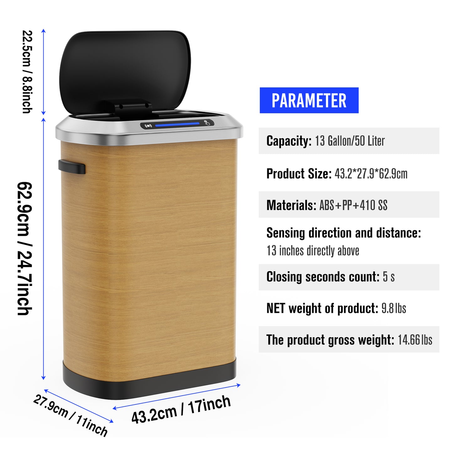 Tall touchless trash can with wood grain finish and stainless steel trim