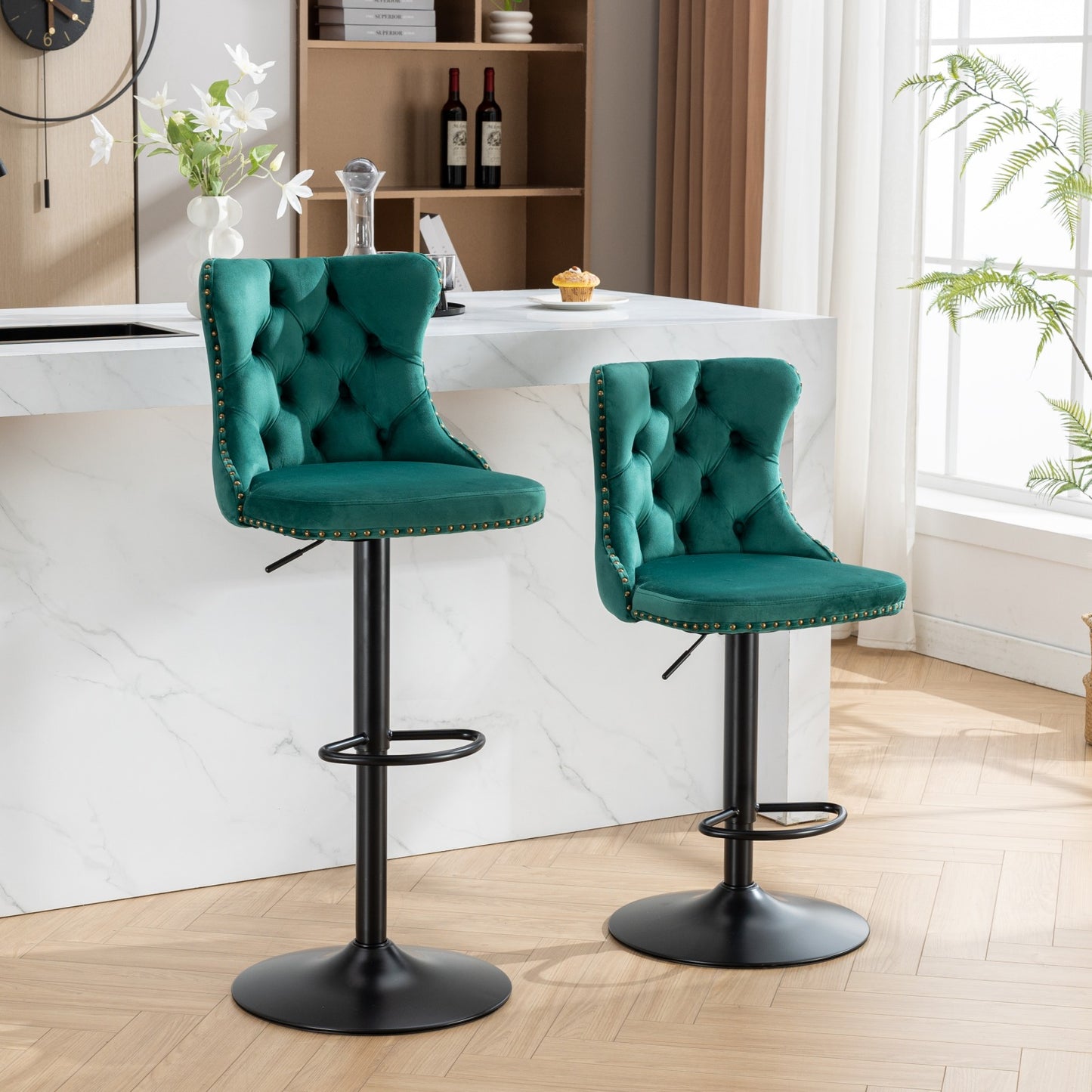 Emerald green velvet tufted bar stool with gold nailhead trim