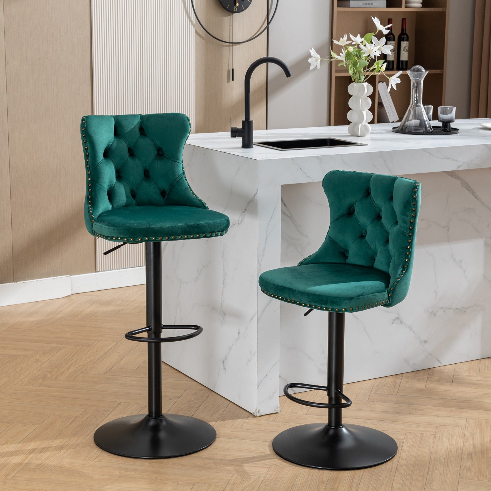 Emerald green velvet bar stool with tufted back and gold nailhead trim