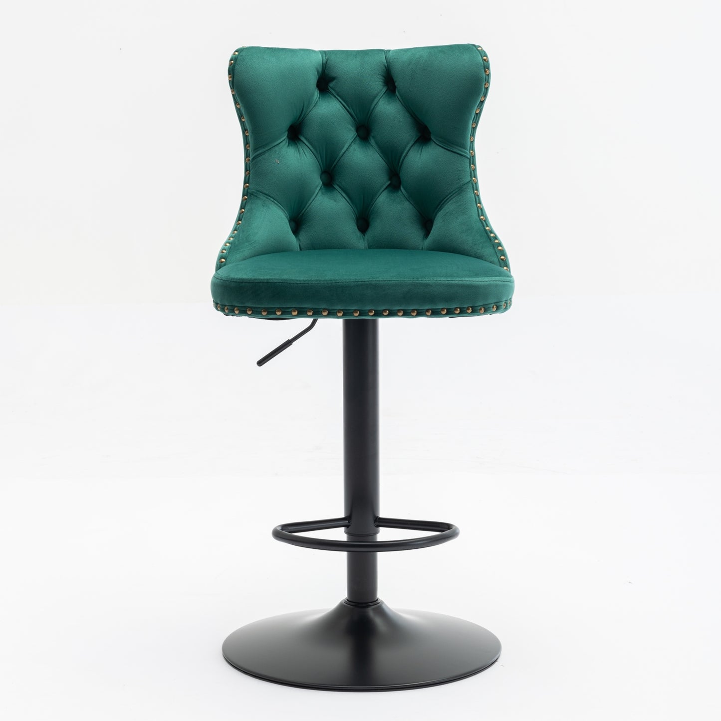 Green velvet tufted bar stool with gold nailhead trim