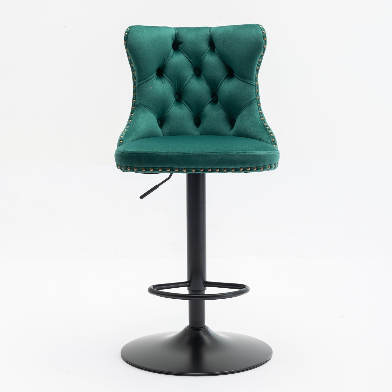 Green velvet tufted bar stool with gold nailhead trim