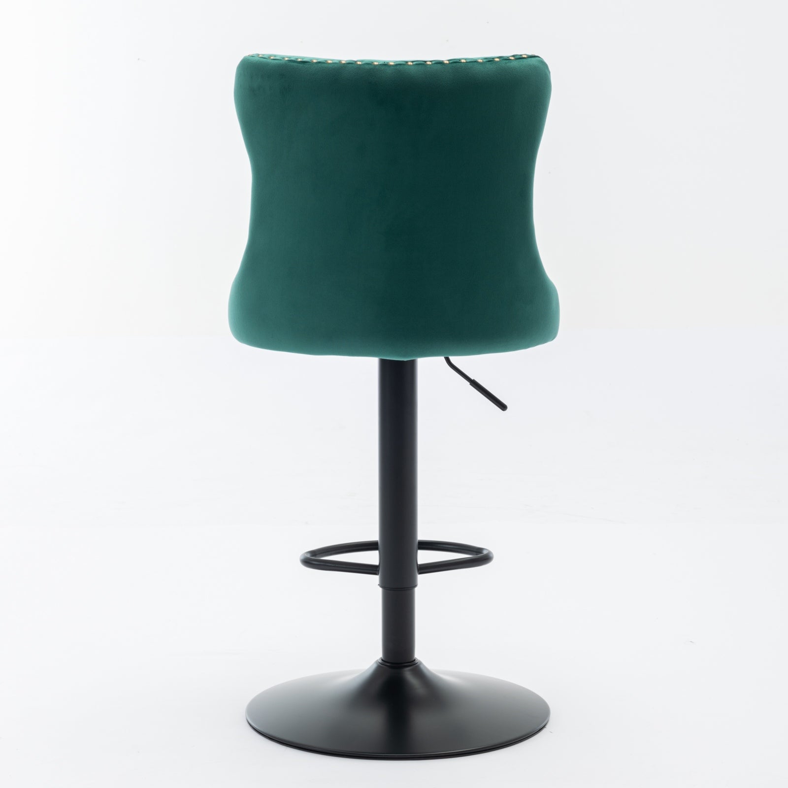 Deep green velvet bar stool with tufted back and adjustable height
