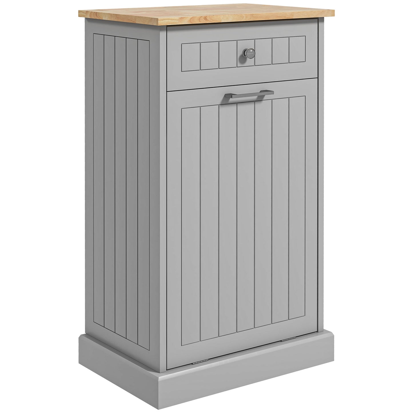 Gray kitchen cabinet with wooden top and slatted door