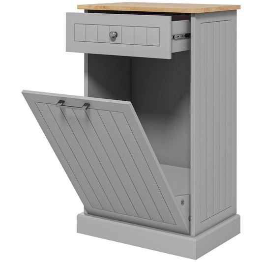 Gray kitchen bin cabinet with a wooden top and open drawer