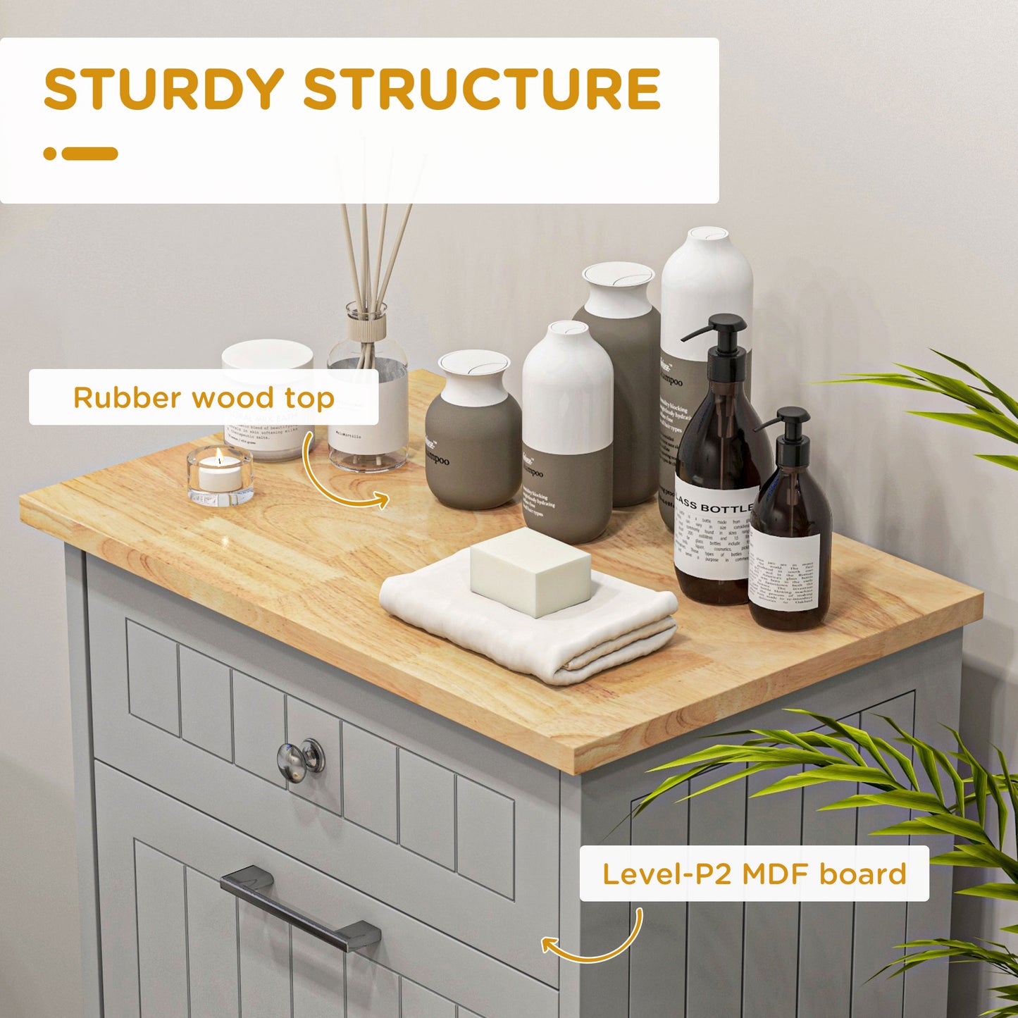 Gray bathroom cabinet with rubber wood top and toiletries