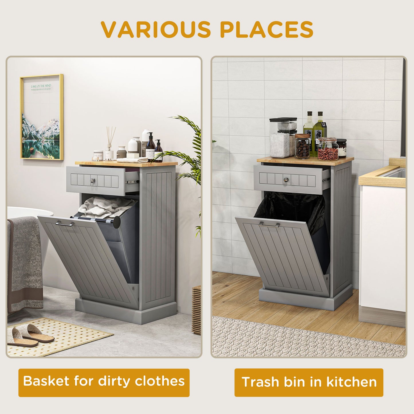 Grey wooden laundry basket with drawer and linen interior