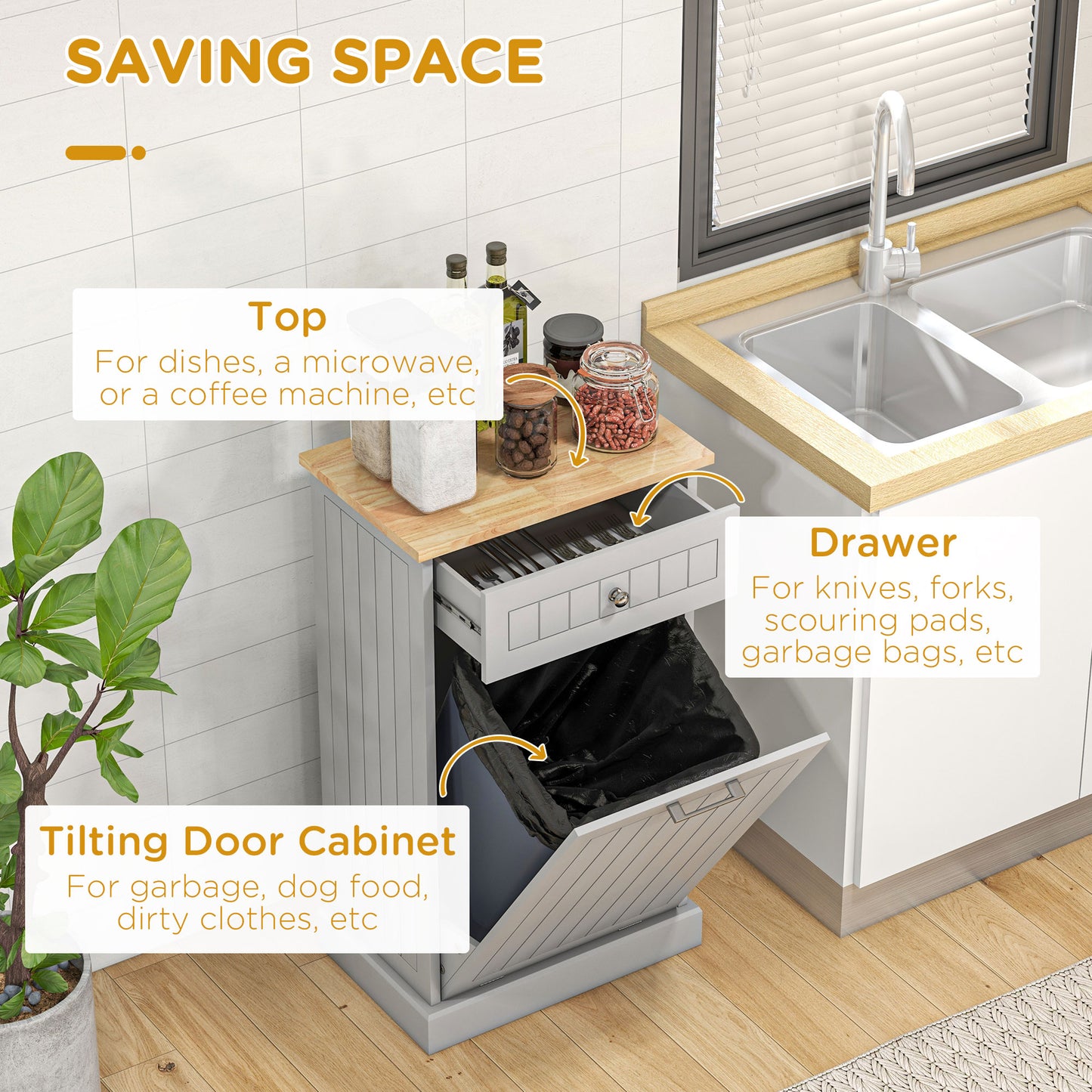 Gray kitchen trash cabinet with tilting door and top shelf