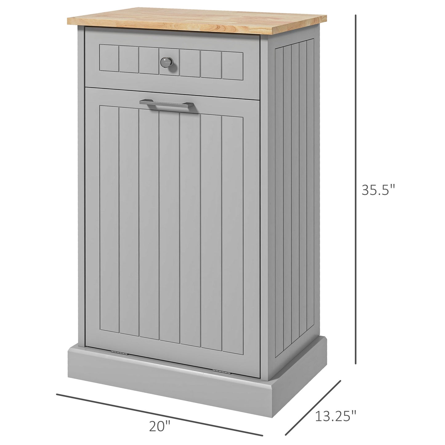 Gray kitchen cabinet with wood top and slatted door