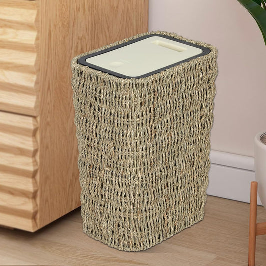 Woven seagrass rectangular laundry basket with beige pushlid