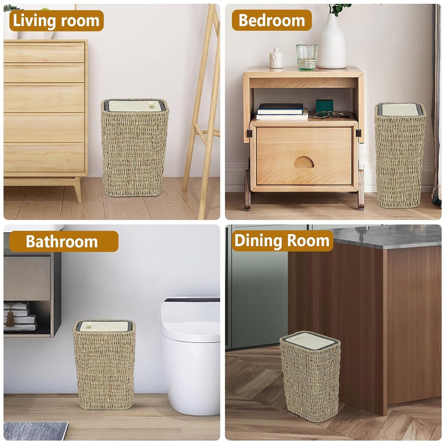 Woven seagrass trash can with lid in a modern living room setting