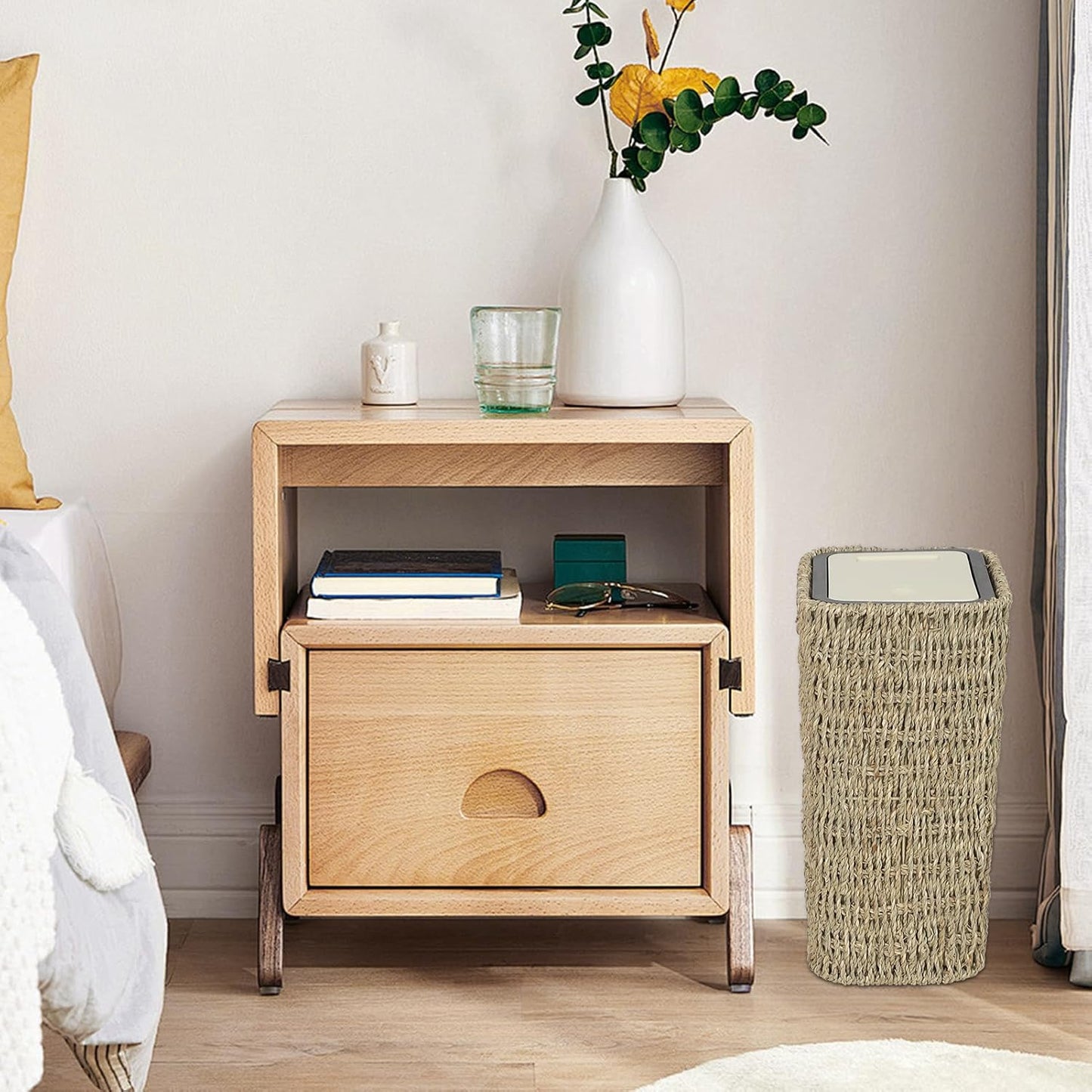Woven natural fiber waste basket with open top