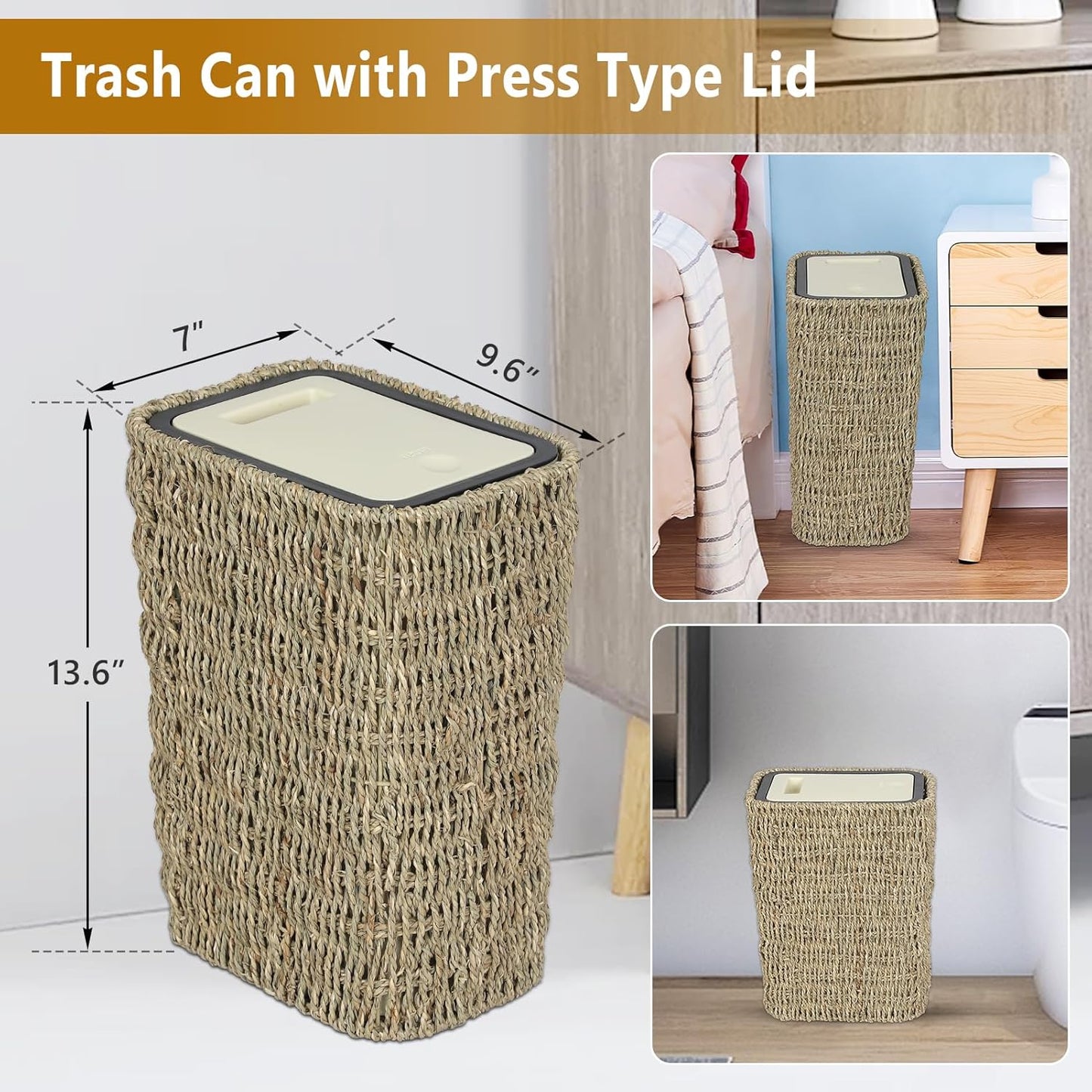 Woven seagrass trash can with presstype lid  height natural beige