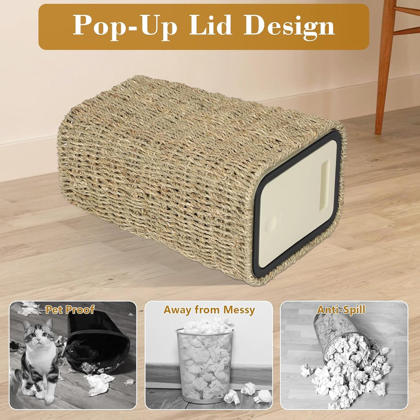 Woven storage bin with popup lid design