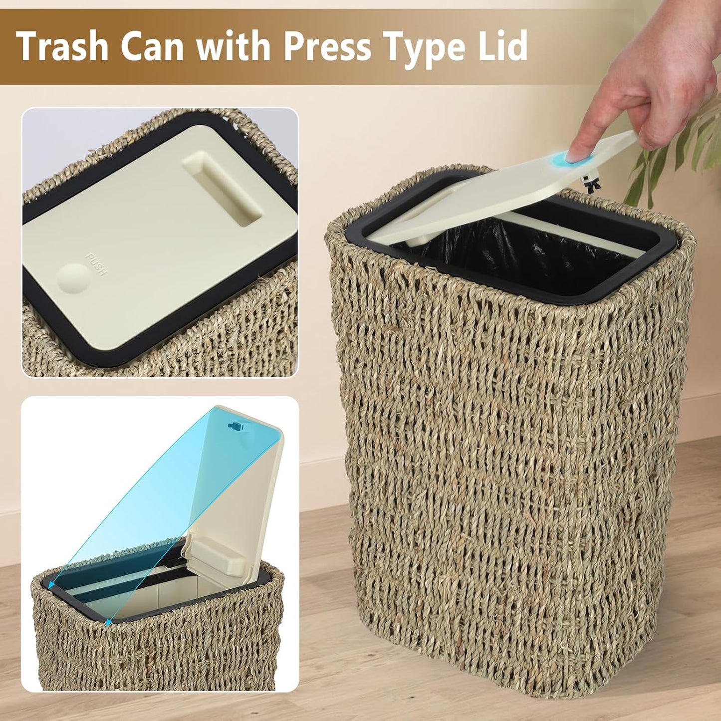 Woven seagrass trash can with a cream presstype lid ideal for ecofriendly home decor