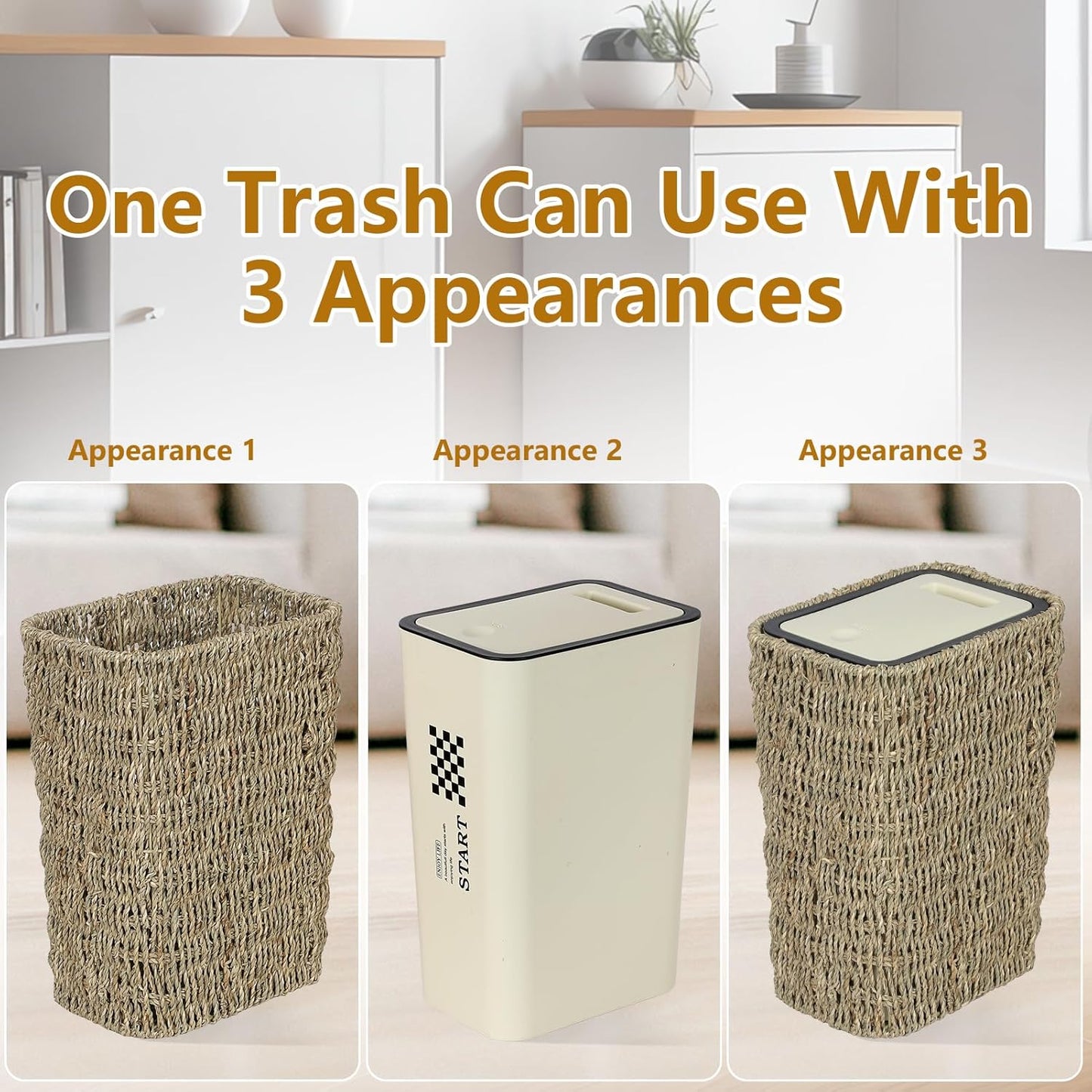 Woven seagrass trash can natural beige rectangular design for home use