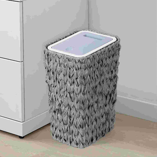 Woven grey laundry basket with a blue lid